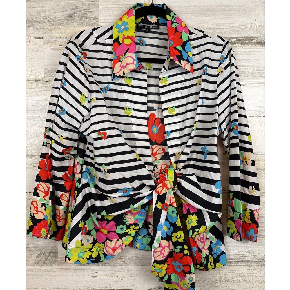 Mishca Womens L Black White Stripe Floral Tie Front Blouse Designer Chic
